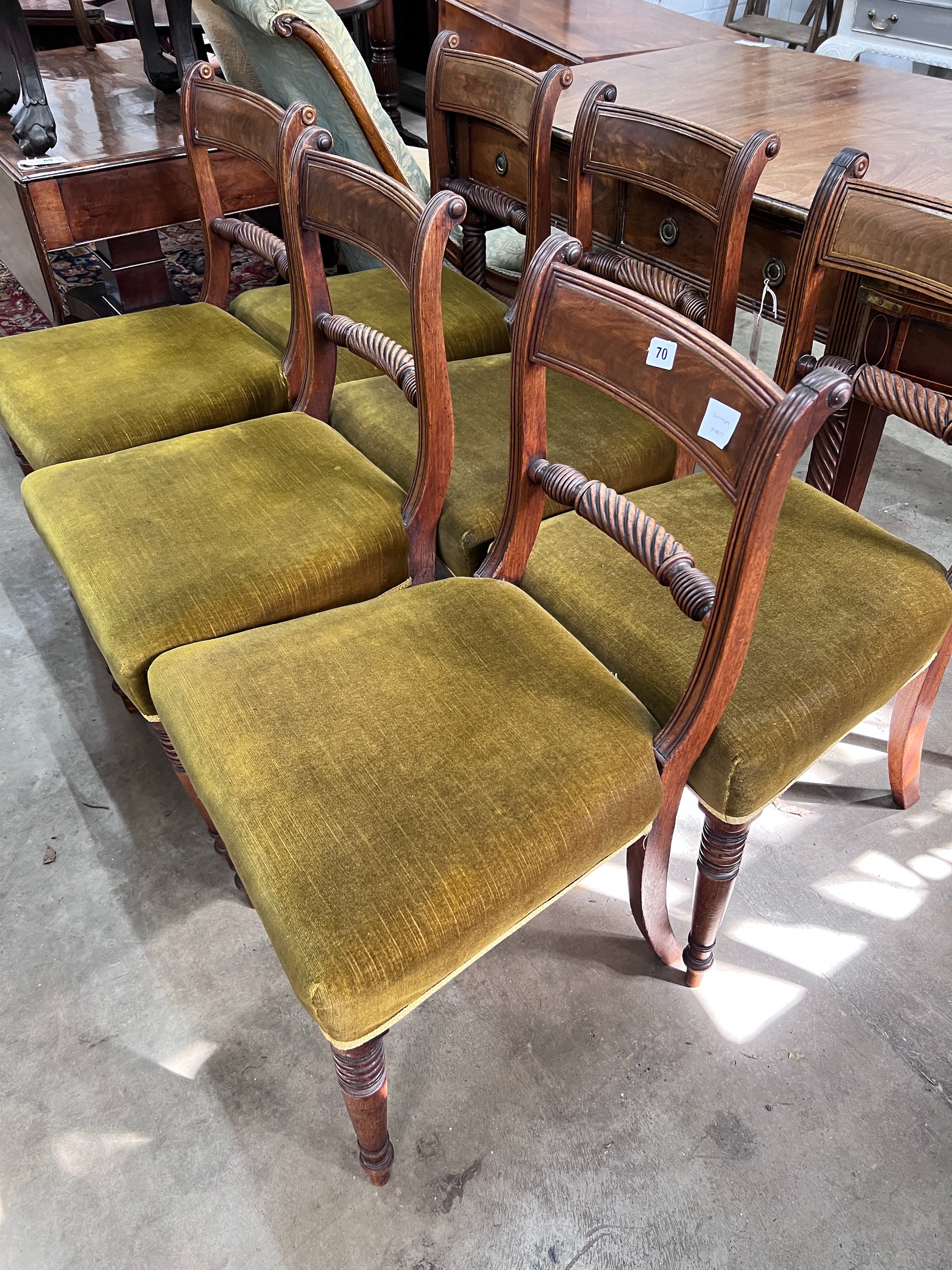 A set of six Regency brass inlaid mahogany dining chairs *Please note the sale commences at 9am.